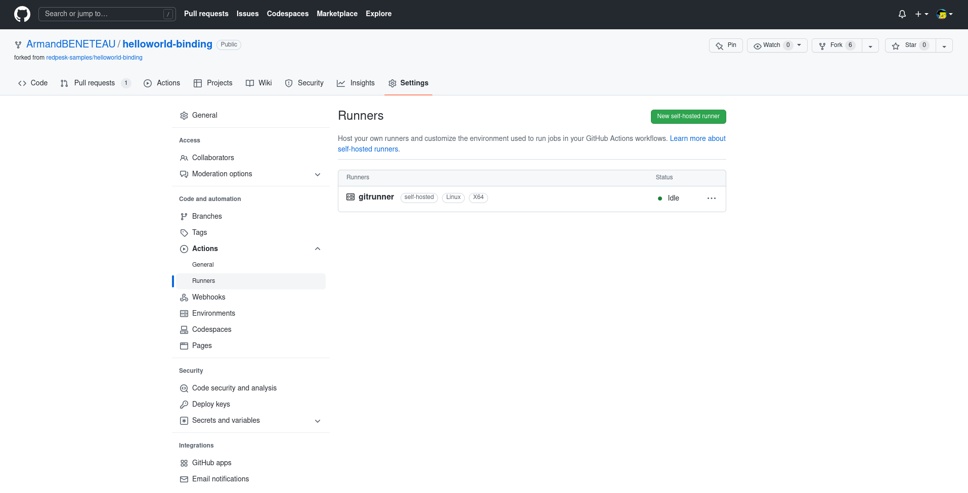 github self hosted runners view