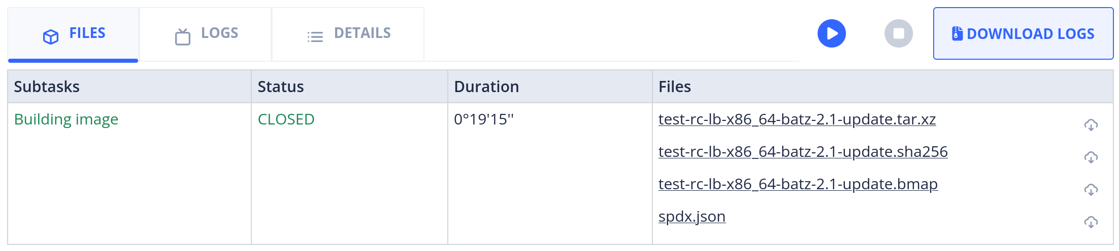 Image build files list with SBOM document