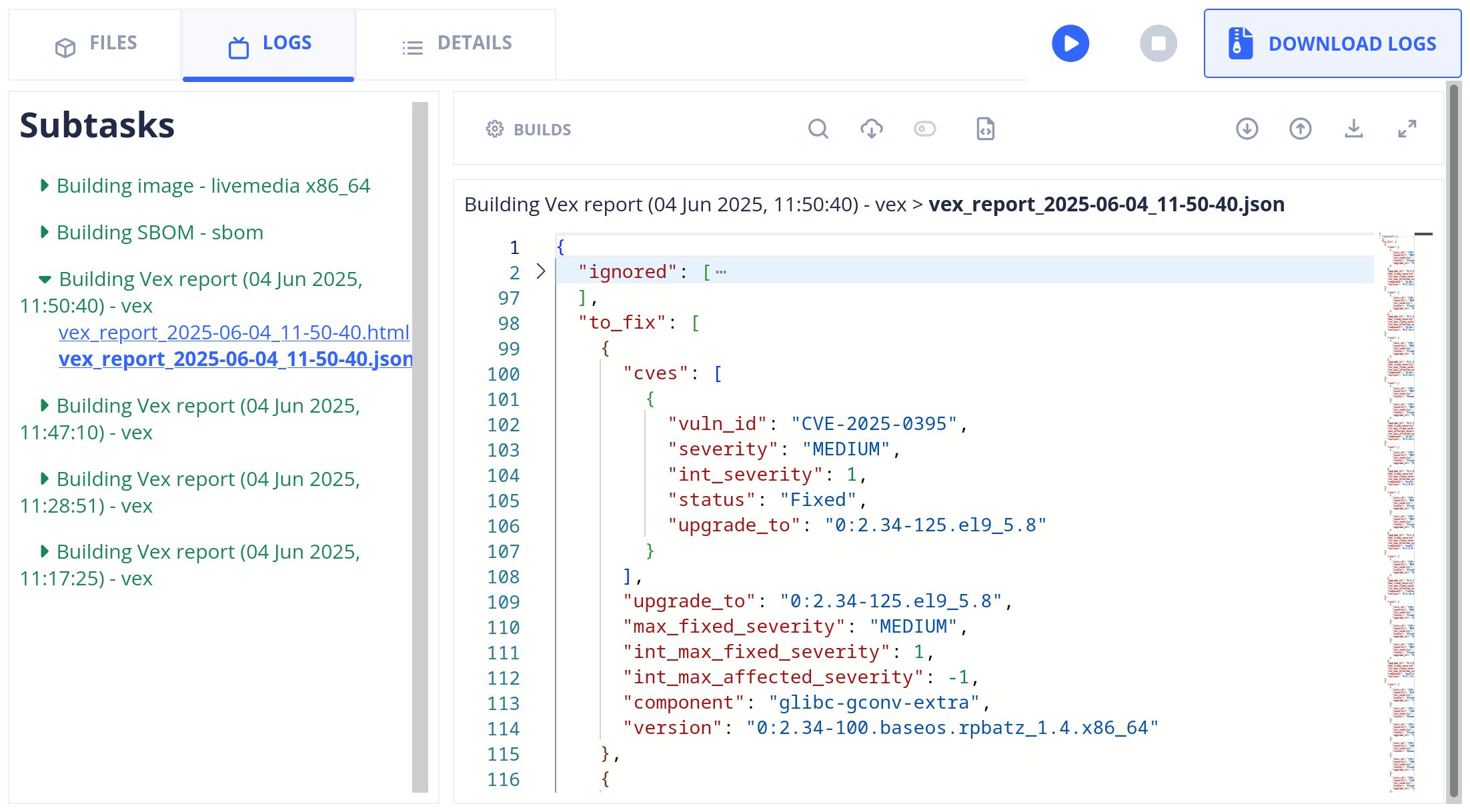 Image build VEX report preview in the logs tab