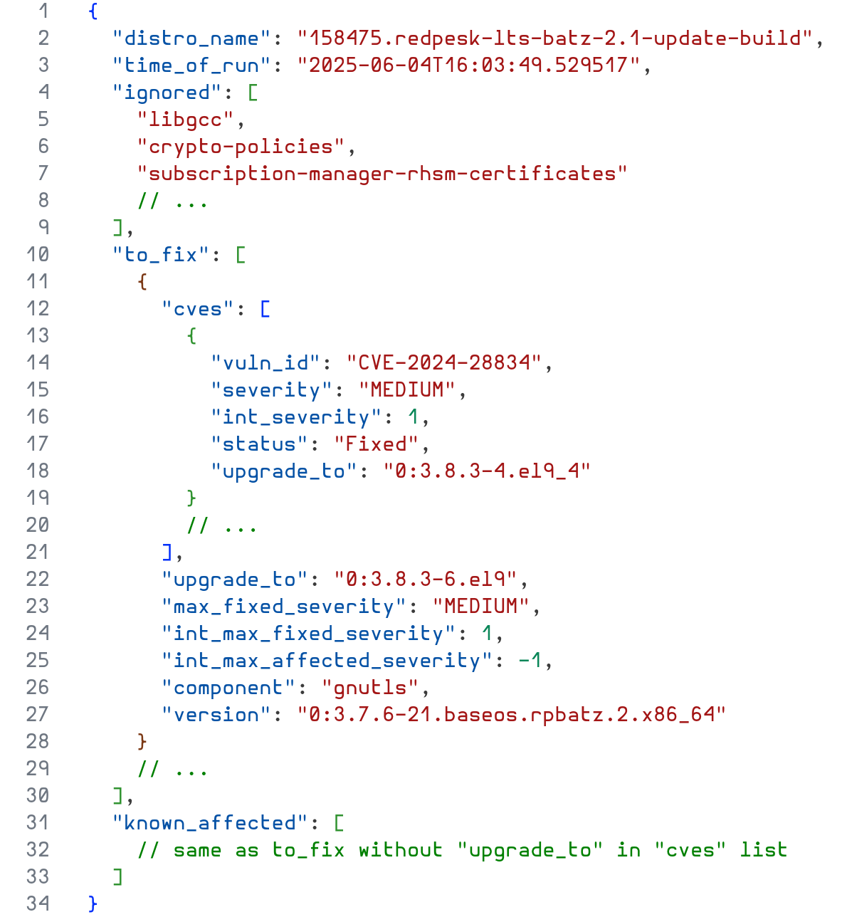 Sample of a VEX report describing an image build