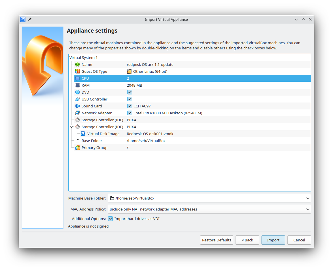 VirtualBox config window